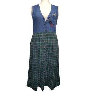 Casey & Max Denim Plaid Maxi Dress M • Embroidered Button Front Cottagecore